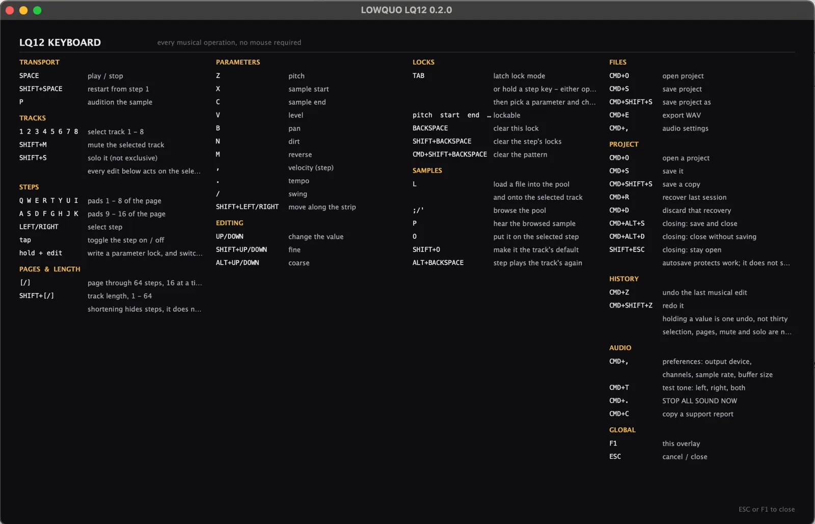 lq-12 keyboard reference showing its mouse-free controls