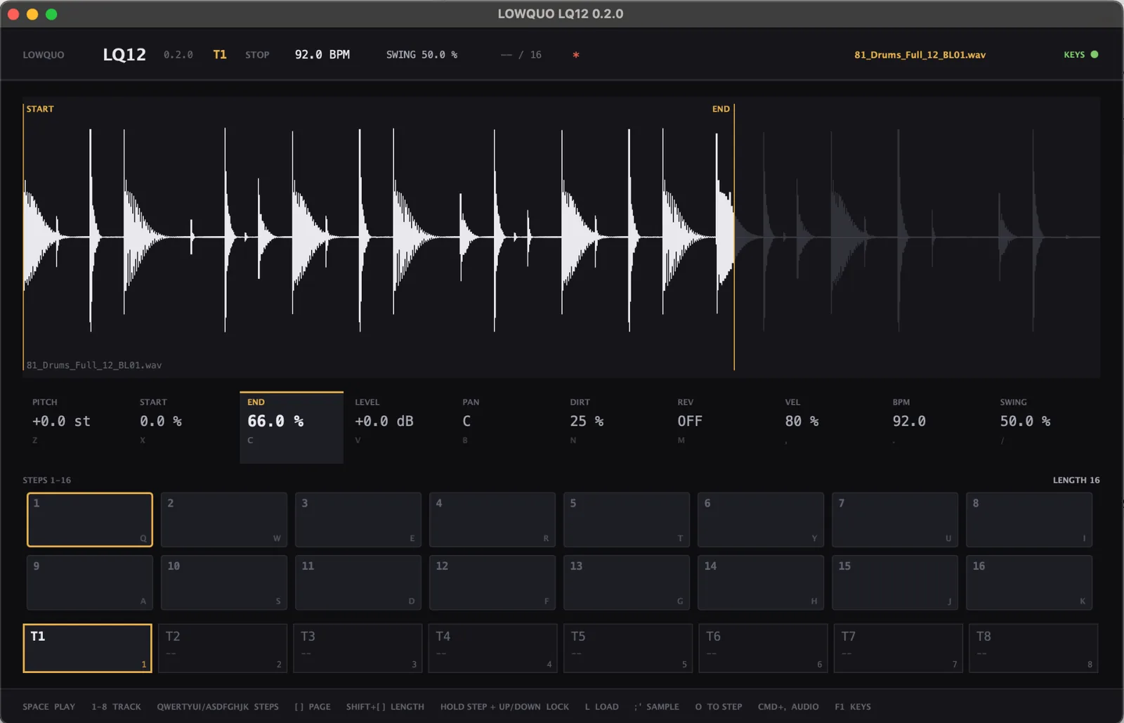 lq-12 with a drum sample loaded, showing its waveform, parameters, sixteen-step sequence and eight tracks
