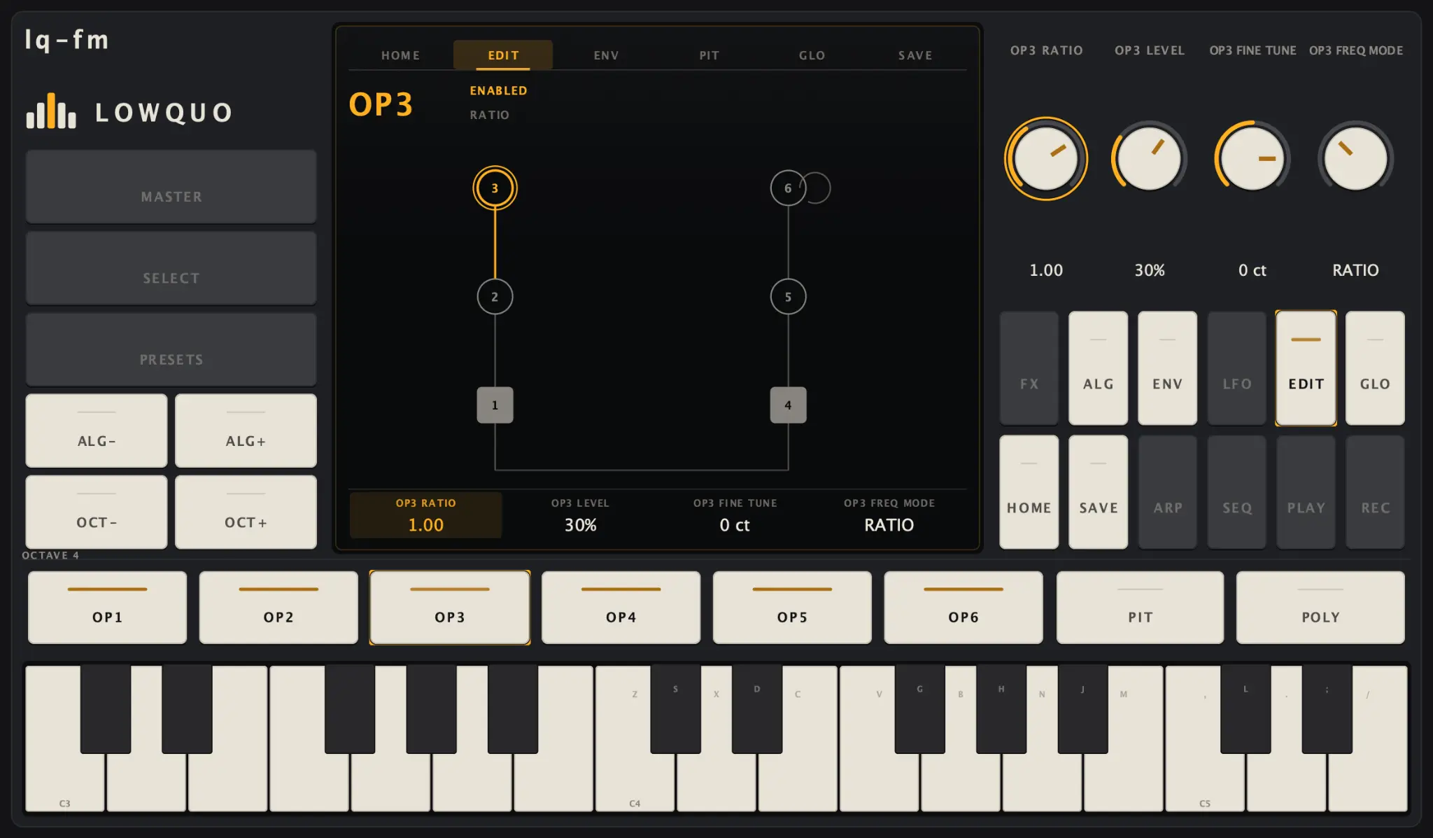 lq-fm edit page with operator 3 selected and ratio, level, velocity and key tracking controls