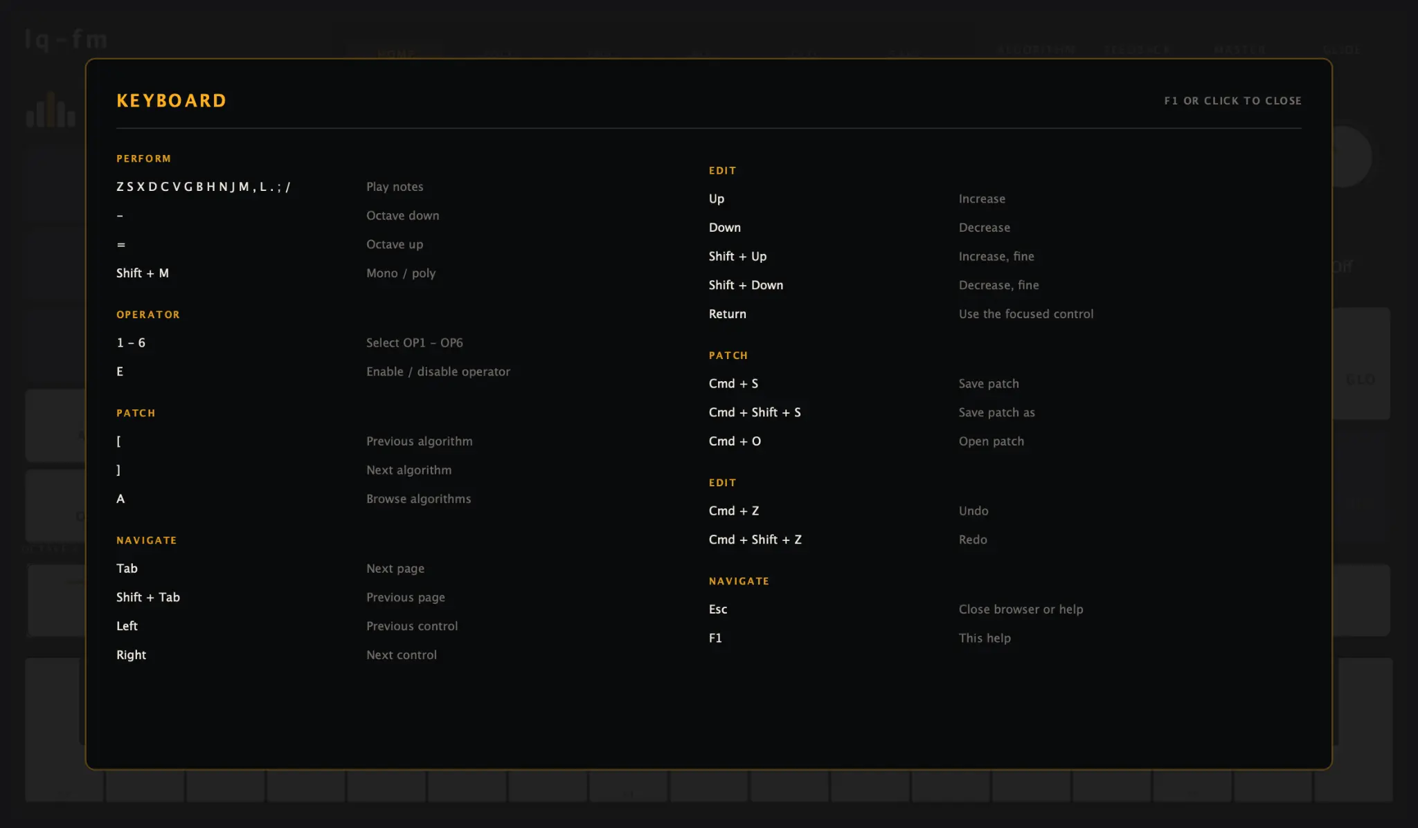 lq-fm keyboard help screen listing navigation, operator, patch, file and performance shortcuts