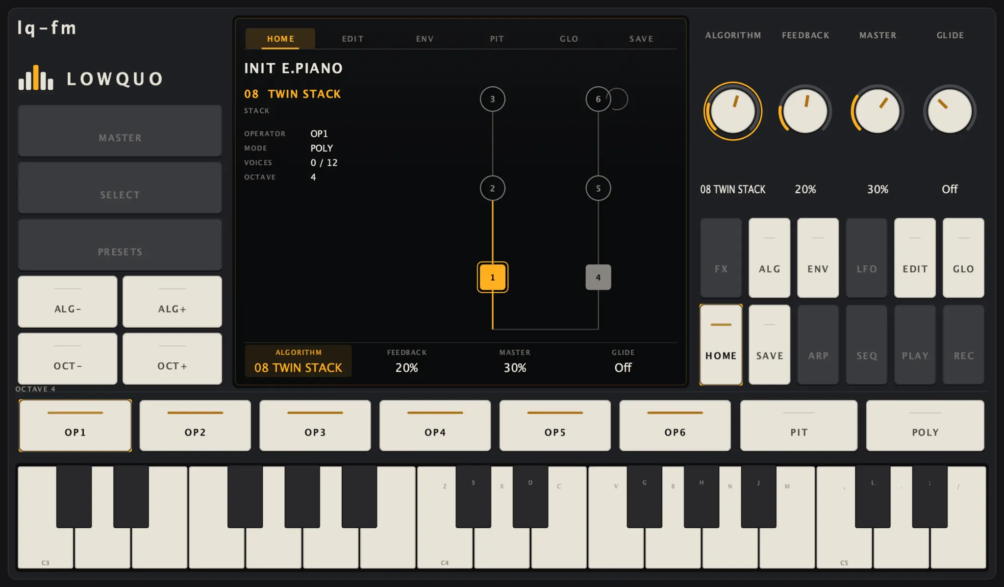 lq-fm home panel showing the Init E.Piano patch, algorithm 08 Twin Stack, six operators and four controls