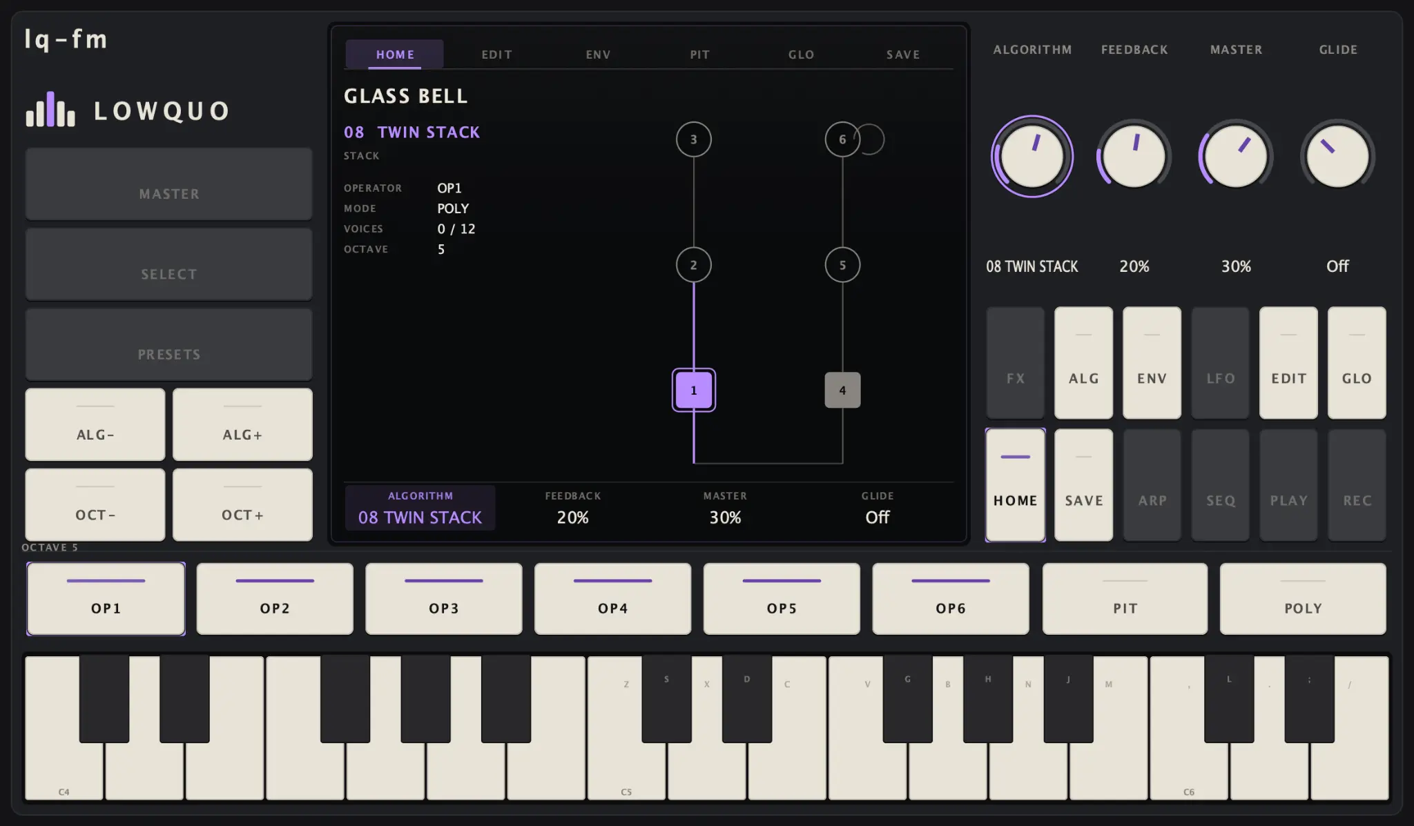 lq-fm restored after relaunch with the Violet accent, octave and previous patch intact