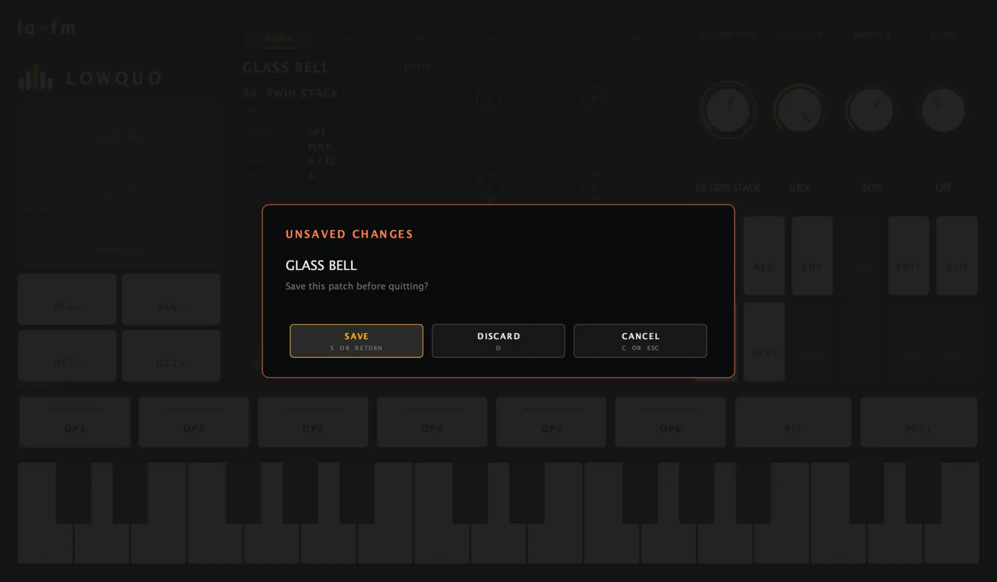 lq-fm unsaved changes dialog offering Save, Discard and Cancel
